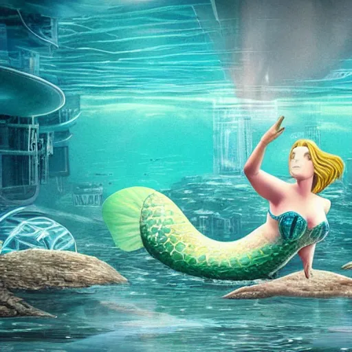 Prompt: photo of a mermaid swimming past a futuristic underwater city