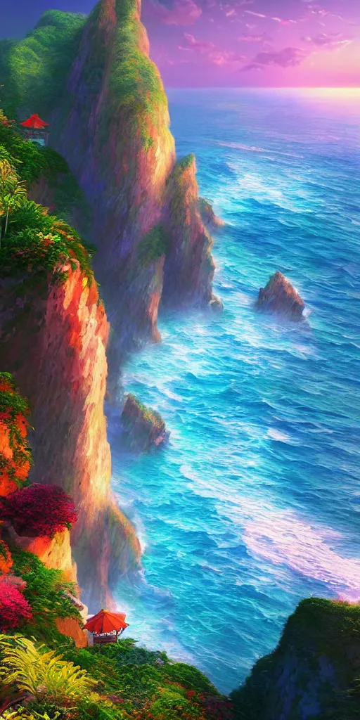 Prompt: colorful digital illustration of hainan oceanside cliffs, by wu daozi, makoto shinkai, thomas kinkade, james gilleard, pixar style, beautiful matte painting, high detail, heavenly glow, colorful, octane render, 4 k hd wallpaper