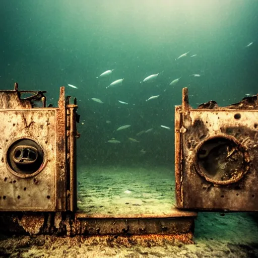 Image similar to abandoned rusty underwater theme park, surreal, horror, eerie, creepy, murky water, underwater, underwater photography, dark, submechanophobia, open ocean, fish swimming in distance, night,