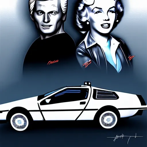 Image similar to portrait of marty mcfly and marilyn monroe next to a delorean dmc - 1 2, digital art, artstation, high detail, 4 k, sharp focus