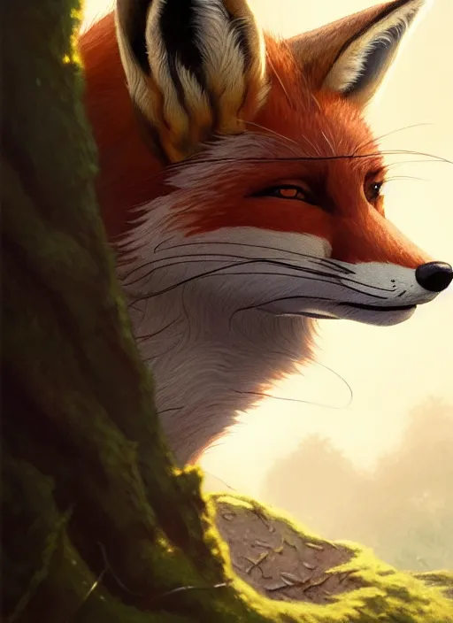 Image similar to a film still portrait of a fox rogue, finely detailed features, cinematic lighting, perfect art, brian jacques redwall woodland, forest, intricate, artstation, trending on pixiv fanbox, painted by brian jacques greg rutkowski, studio ghibli, fantasy, 4 k