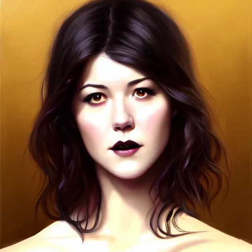 Image similar to a portrait digital painting of mary elizabeth winstead. a gothic background. painted by artgerm, ross tran.