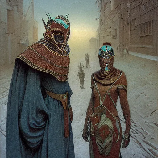 Image similar to portrait of masked dune dynasty on the snow art deco streets of the undying empire city of ya - sattra during the festival of masks in the night, award - winning realistic sci - fi concept art by beksinski, bruegel, greg rutkowski, alphonse mucha, and yoshitaka amano