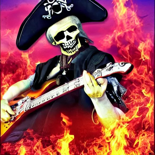 Image similar to a pirate playing an electric guitar in hell