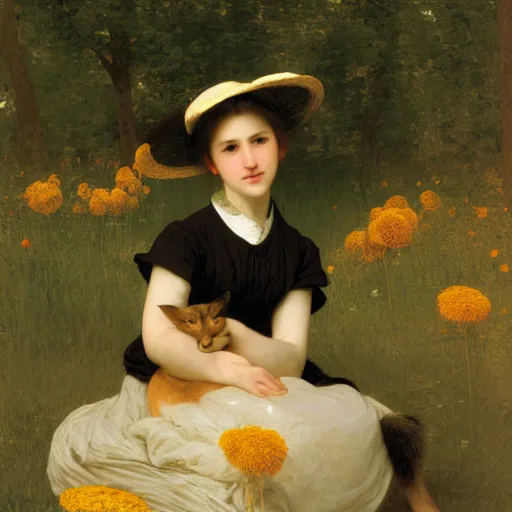 Image similar to A portrait of a fox in a straw hat surrounded by dandelions, by William-Adolph Bouguereau, Robert Cleminson, Carl Friedrich Deiker