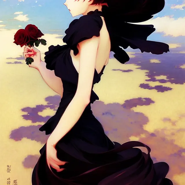 Image similar to beautiful rose anime girl in elegent black dress, krenz cushart, mucha, ghibli, by joaquin sorolla rhads leyendecker, by ohara koson