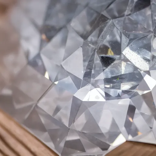 Prompt: dslr closeup photo still of a massive faceted cut diamond on an oak table with bright light refracting through the diamond, 8 k, 8 5 mm f 1. 4