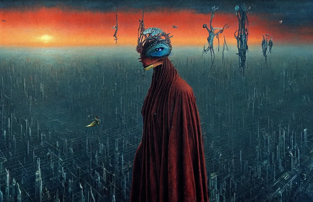 Image similar to realistic detailed portrait movie shot of a birdman wearing dark ragged robes, futuristic city sunset landscape background by denis villeneuve, amano, yves tanguy, alphonse mucha, ernst haeckel, max ernst, roger dean, ridley scott, dramatic dynamic composition, rich moody colours, blue eyes