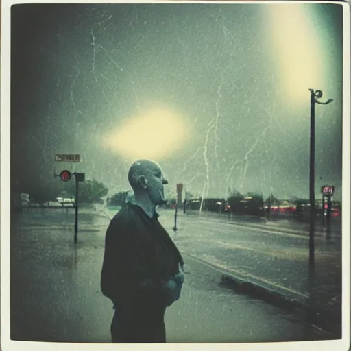 Prompt: old polaroid of a bald guy in the rain while a lighting strike hits his head