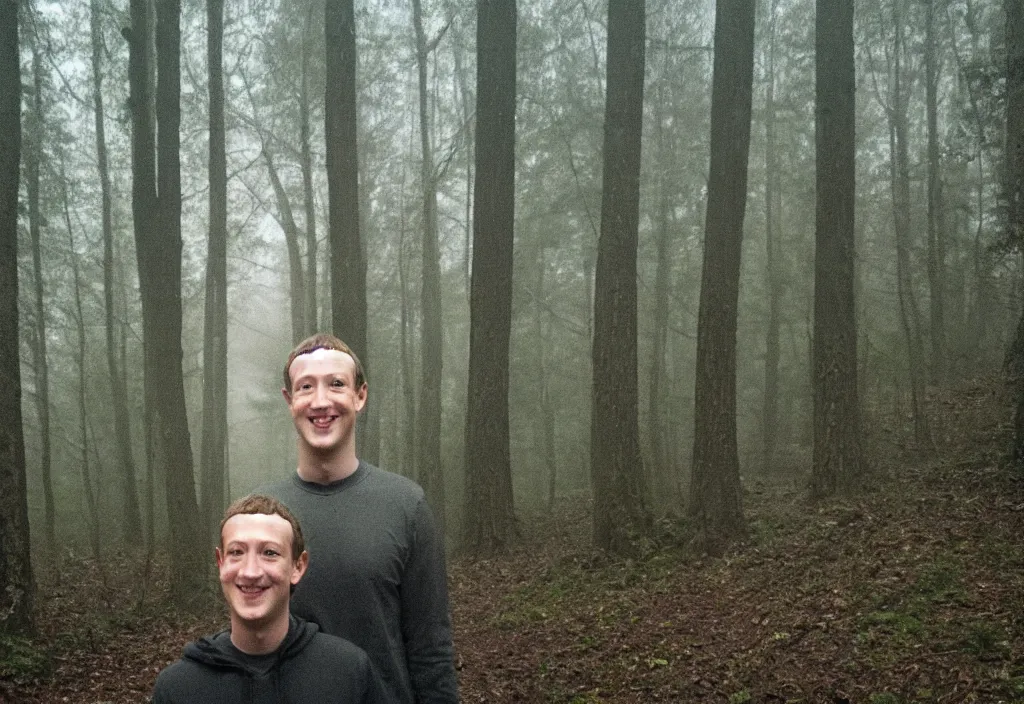 Image similar to low quality iphone photo of mark zuckerberg standing ominously deep in the foggy woods with a demonic smile in his face, low visibility creepy, grainy, trail cam footage