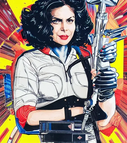 Prompt: portrait of a female inventor holding a wrench, by dc comics and sandra chevrier