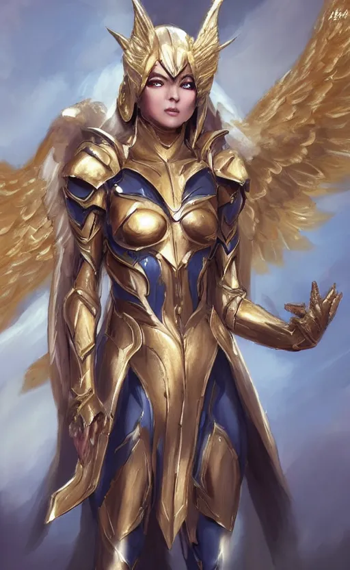 Image similar to Concept art, angel knight girl in golden and silver armor adorned with sapphire gems, artstation trending, cinematic, highly detailded