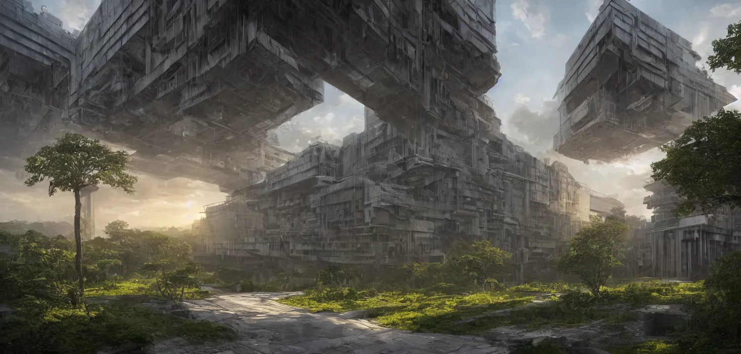 Image similar to brutalist architecture, surrounded by lush green vegetation, stunning volumetric lighting, sunset, metal, concrete, translucent material, stunning skies, 8k, photorealistic, hyper detailed, unreal engine 5, IMAX quality, cinematic, epic lighting, digital painting in the style of DOOM and Quake, by Greg Rutkowski, trending on Artstation