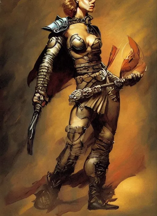 Image similar to portrait of strong female ranger, beautiful! coherent! dungeons and dragons character, by frank frazetta, by brom, strong line, deep color, leather armor, short buzzed hair, high contrast