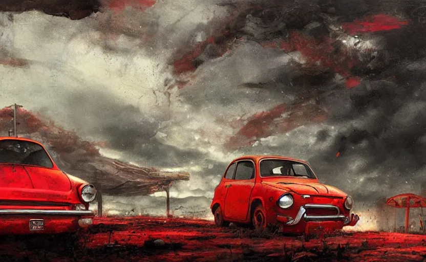 Prompt: red fiat in a post - apocalyptic landscape, dramatic scifi painting, highly detailed, dystopian, low angle view, by alex schomburg, by paul lehr