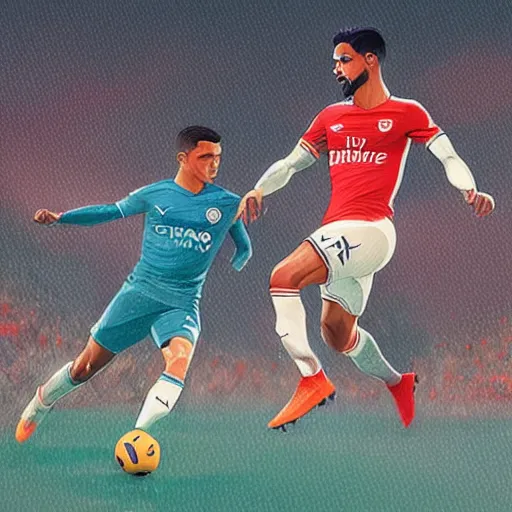 Prompt: mikel arteta spoon feeding gabriel jesus at the emirates, style of by jordan grimmer and greg rutkowski, crisp lines and color,