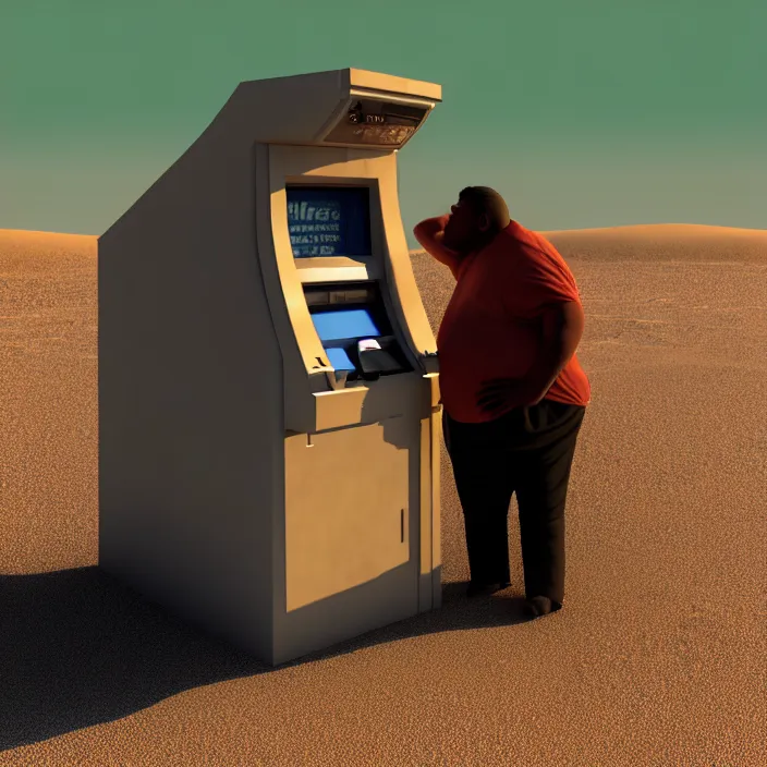 Image similar to hyperrealistic mixed media portrait of a moridly obese man using an ATM machine in the middle of a barren desert wasteland, despair, depressing and hopeless vibe, stunning 3d render inspired art by P. Craig Russell and Barry Windsor-Smith + perfect facial symmetry + dim volumetric lighting, 8k octane beautifully detailed render, post-processing, extremely hyperdetailed, epic composition, grim yet sparkling atmosphere, cinematic lighting + masterpiece, trending on artstation