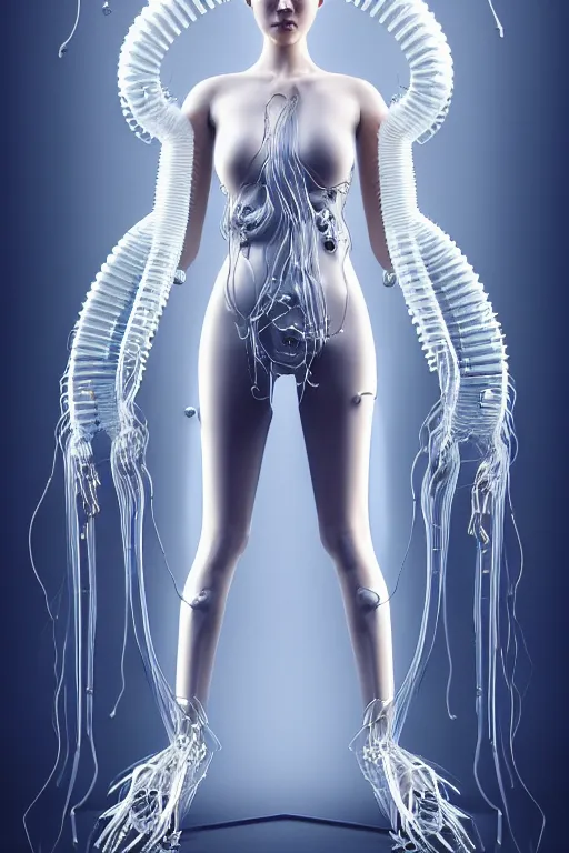 Image similar to young asian woman, iris van herpen, perfect symmetrical body, full body shot, inflateble shapes, wires, tubes, veins, jellyfish, white biomechanical details, wearing epic bionic cyborg implants, masterpiece, intricate, biopunk, vogue, highly detailed, artstation, concept art, cyberpunk, octane render