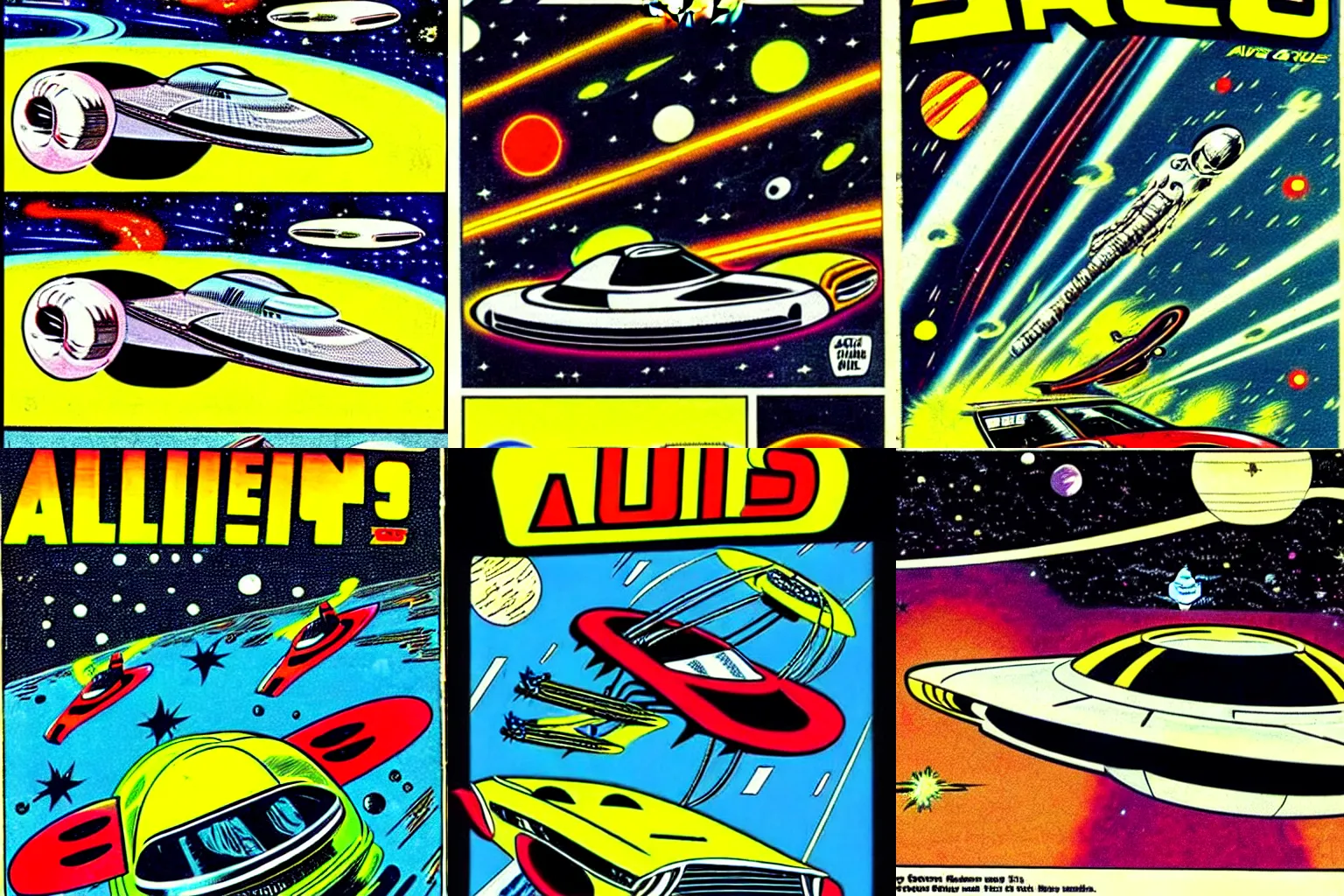 Prompt: aliens that race cars in space, retro futurism, 70s, comic