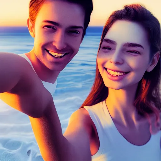 Image similar to beautiful serene intricate portrait of you and me taking a selfie, smiling softly, relaxing on the beach, golden hour, soft focus, 8 k, art by irakli nadar, hyperrealism, hyperdetailed, ultra realistic