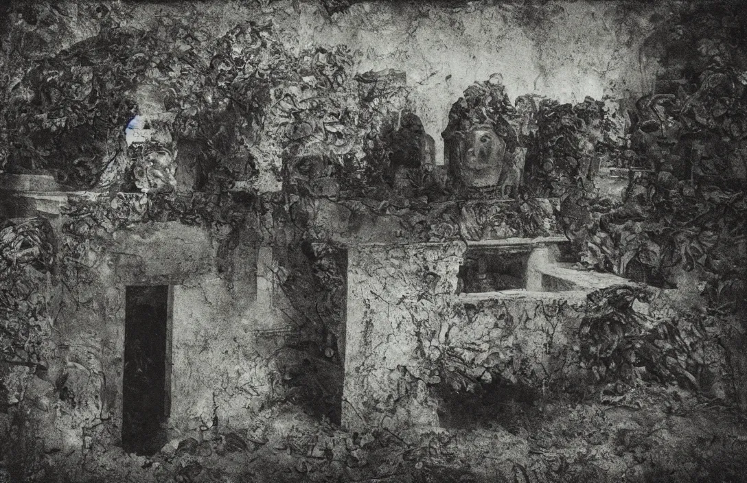 Image similar to tomb in which the body will be laid divisionism there is no sense of movement realm of words emerging from lush greenery intact flawless ambrotype from 4 k criterion collection remastered cinematography gory horror film, ominous lighting, evil theme wow photo realistic postprocessing ink and water jan van der heyden