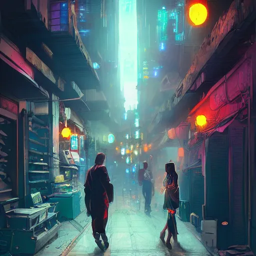 Image similar to two people haggling, detailed digital illustration by greg rutkowski, cyberpunk back alley, nighttime, colorful lighting, android netrunner