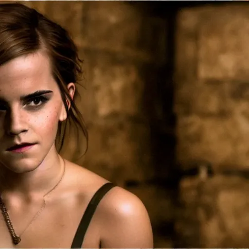 Image similar to photography emma watson fight with nicholas cage in a medieval wine cellar cinematic