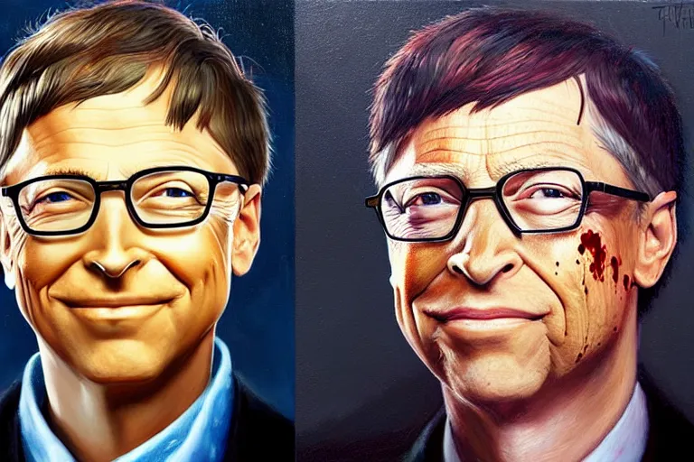Image similar to portrait of bill gates with a knife as the zodiac killer bloodied, an oil painting by ross tran and thomas kincade