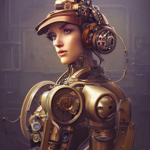 Image similar to portrait of a steampunk robot, highly detailed, professional digital painting, Unreal Engine 5, Photorealism, HD quality, 8k resolution, cinema 4d, 3D, cinematic, professional photography, art by artgerm and greg rutkowski and alphonse mucha and loish and WLOP