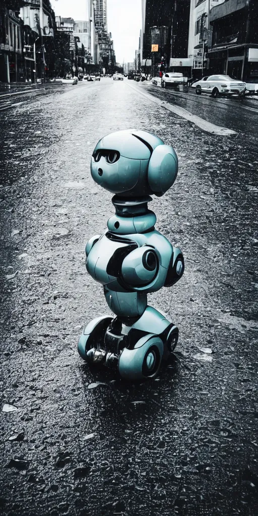 Image similar to robot on the road, city, photo, rain,