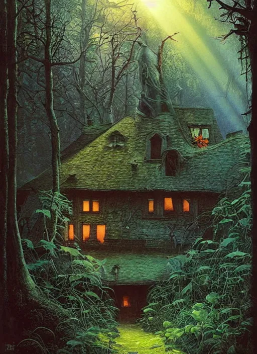 Image similar to hyper realistic witch cottage with mood lighting and technology in the woods gorgeous lighting, sunbeams blue sky, highly detailed, lush forest foliage painting by zdzisław beksinski and norman rockwell and greg rutkowski weta studio, and lucasfilm