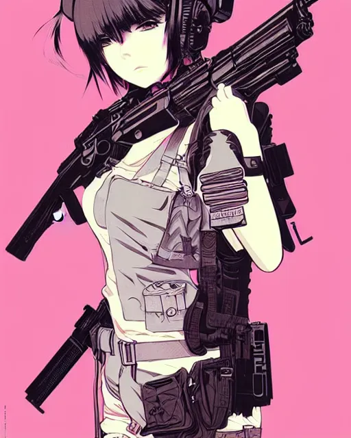 Image similar to girl with tactical gear, manga!! detailed manga illustration!! intricate details, aesthetically pleasing pastel colors, poster background, aesthetic details, art by conrad roset and ilya kuvshinov