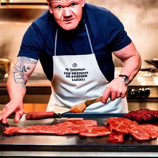 Image similar to photo of gordon ramsay cooking muppet meat