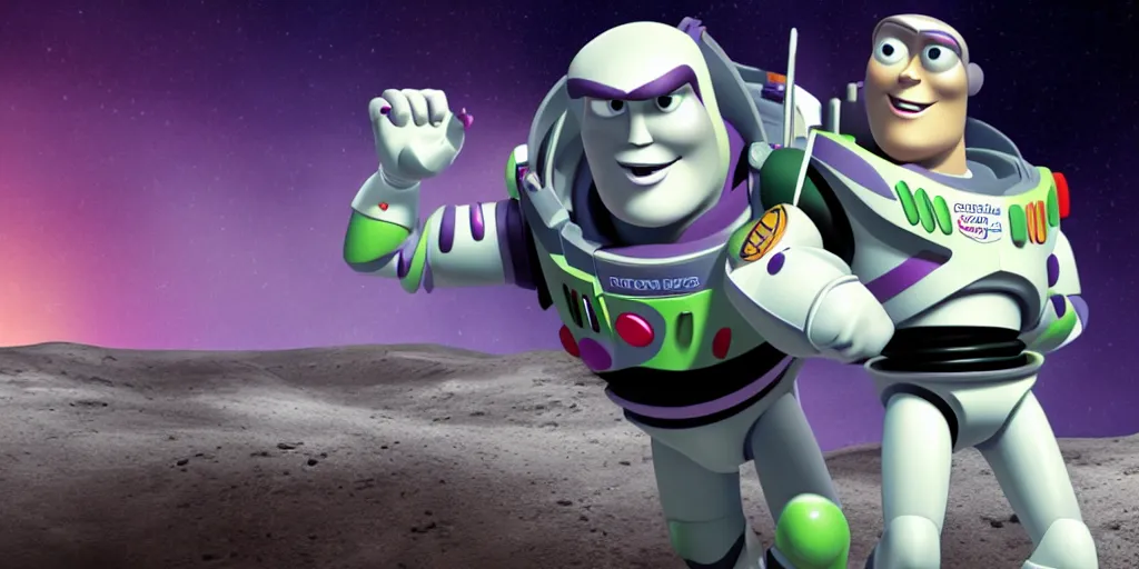 Image similar to buzz lightyear on the moon horror cinematic jordan peele, dark monster aliens blood