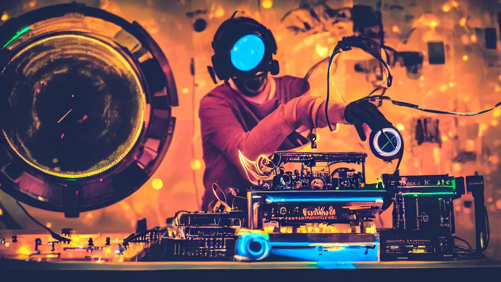 Image similar to a person wearing goggles and visor and headphones using a retro clockwork record player contraption, wires and tubes, turntablism dj scratching, intricate planetary gears, cinematic, imax, sharp focus, leds, bokeh, iridescent, black light, fog machine, hazy, lasers, hyper color digital art