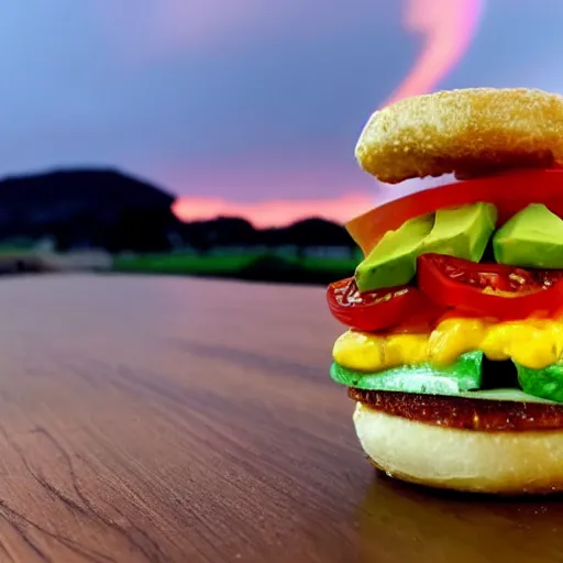 Image similar to one sandwich with fried tofu, one red tomato slice, mayonnaise, one onion ring, avocado, melted cheddar, over a red dish that is on a table, with a sunset and rainbow in the background with saturn and stars in the sky