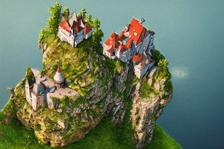 Prompt: an enchanting castle on a cliff by gediminas pranckevicius, aerial view