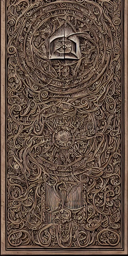 Prompt: A highly detailed and intricate image of an ancient, dusty grimoire, leather bound, carved lettering, three color scheme, 3d render, 4k, dark arts,