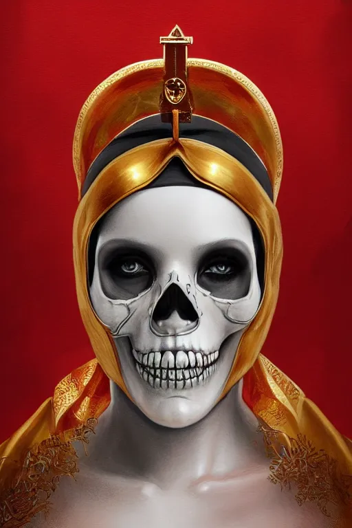 Image similar to ultra realistic illustration, 3 d render of a nun with a skull helmet red and gold accents, gothic, dark, hacknaut, fantasy, intricate, elegant, highly detailed, digital painting, artstation, concept art, smooth, sharp focus, illustration, art by artgerm and greg rutkowski and alphonse mucha