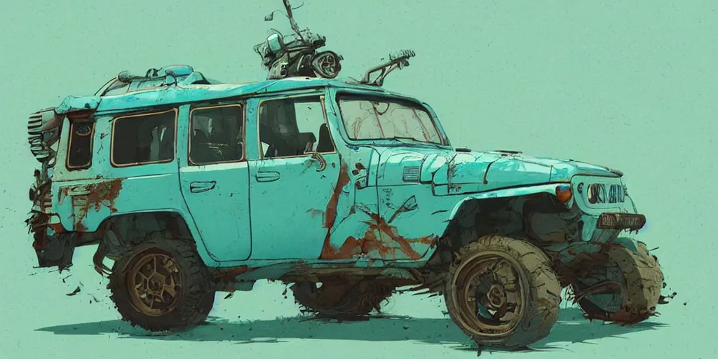 Image similar to digital illustration of a futuristic faded cyan mad max's fj 4 0 decrepit!!!! pursuit special, rusty!!! cyberpunk nissan fj cruiser heavily modded 1 9 9 0 s, the last v 8 interceptor by makoto shinkai, ilya kuvshinov, lois van baarle, rossdraws, basquiat