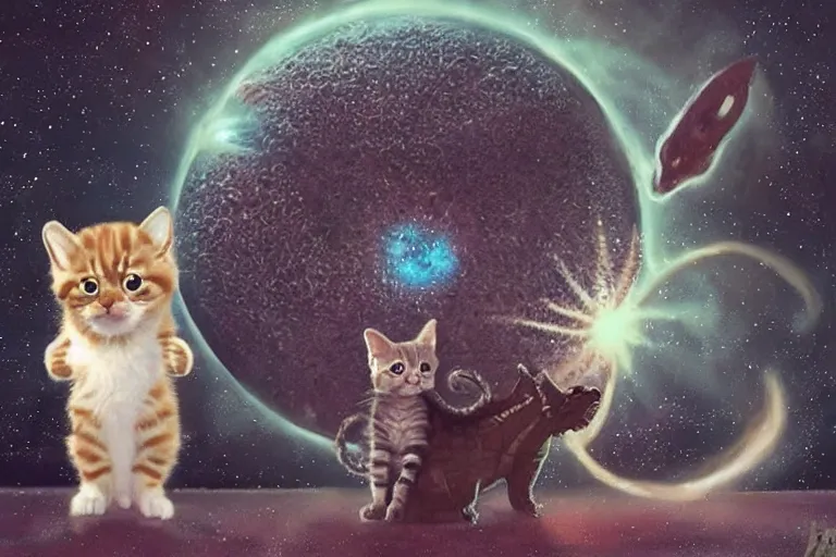 Image similar to tiny kitten meets a colossal space monster, sci-fi horror art, cute