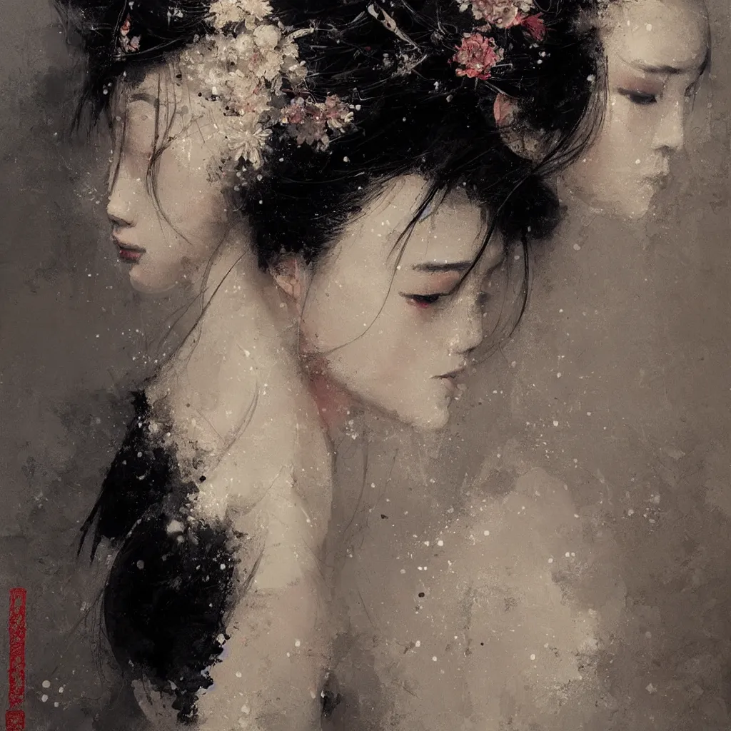 Image similar to female geisha girl, beautiful face, rule of thirds, intricate outfit, spotlight, by greg rutkowski, by jeremy mann