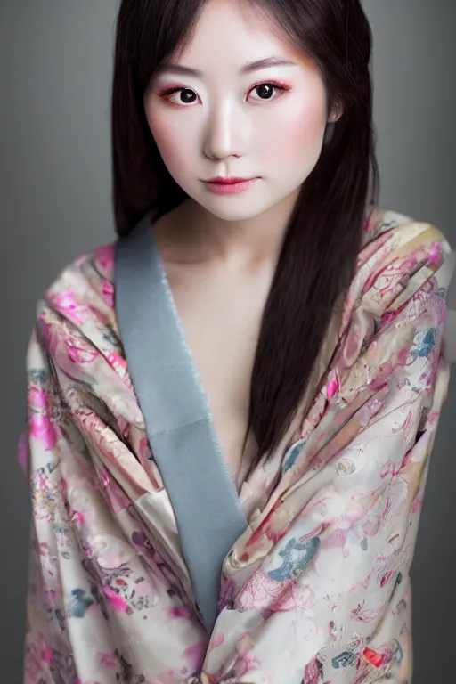 Prompt: a beautiful portrait of a gorgeous japanese girl wearing kimono, photorealistic, porcelain skin, beautiful eyes, smooth, 8 k, portrait photography, beautiful volumetric lighting, studio lighting