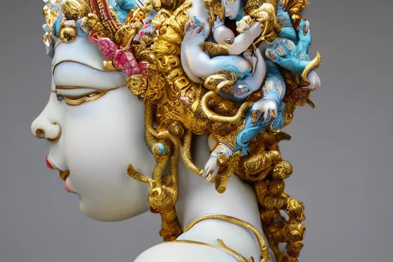 Image similar to full head and shoulders, beautiful female, colourful porcelain sculpture, hindu god, with lots of ornate gold leaf, attached to head by daniel arsham and james jean, on a white background, delicate facial features,