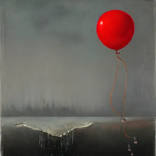 Prompt: grunge painting of a waterfall with a red balloon by chris leib, creepy lighting, horror theme, detailed, elegant, intricate, conceptual, volumetric light