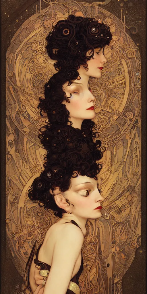 Prompt: prettiest woman with curly dark hair in steampunk costume, art deco, mucha klimt and tom bagshaw, art deco, rim lighting, low key lighting, character concept, oil painting, mike mignola