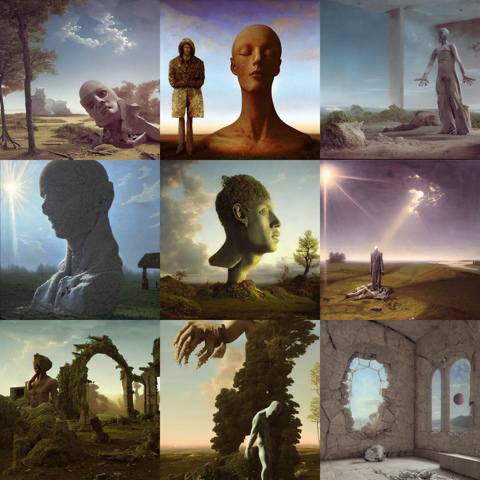Prompt: hyperrealistic surrealism, David Friedrich, award winning masterpiece with incredible details, Zhang Kechun, a surreal vaporwave vaporwave vaporwave vaporwave vaporwave painting by Thomas Cole of a gigantic broken mannequin head sculpture in ruins, astronaut lost in liminal space, highly detailed, sunrays, trending on ArtStation