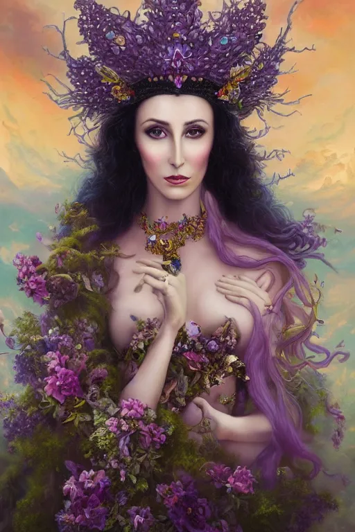 Prompt: closeup portrait fine art photo of the beauty cher, she has a crown of stunning flowers and dress of purple satin and gemstones, background full of stormy clouds, by peter mohrbacher