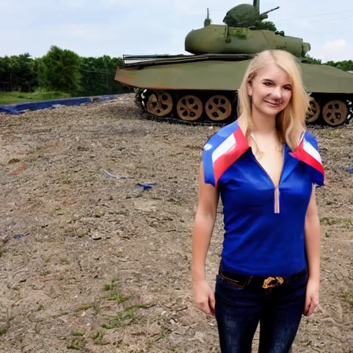 Image similar to slavic happy blond girl standing in front of remains of house and tanks with russian flags