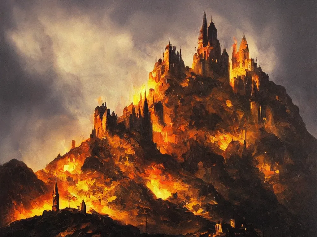 Image similar to modern stylized oil painting of medieval castle on mountain, fire, american romanticism by goya, bright art, cinematic dramatic lighting